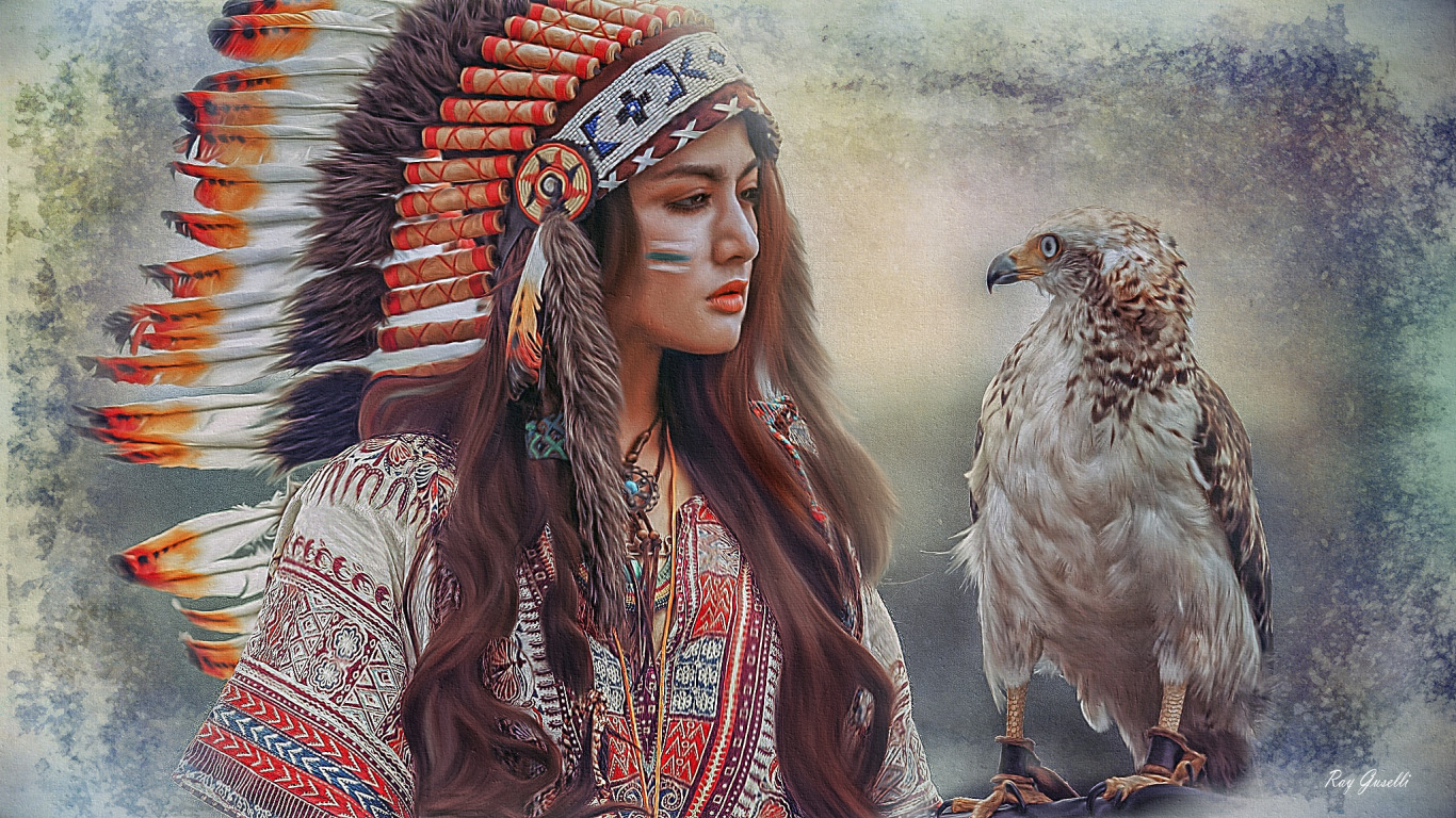 bird, feathers, painting, girl Indian. 