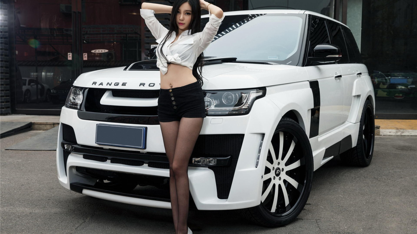 Download wallpaper look, Girls, Land Rover, Asian, beautiful girl, white  car, section girls in resolution 1366x768
