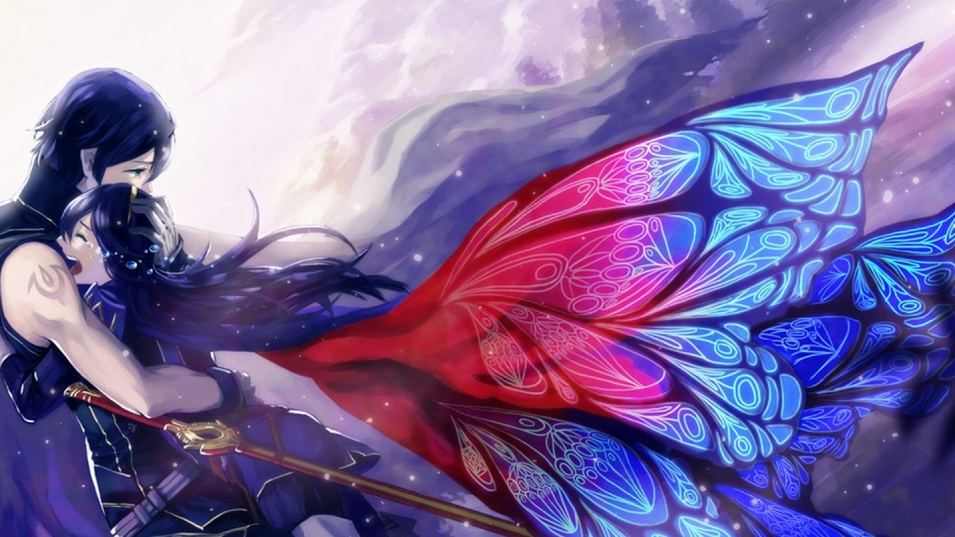 Download wallpaper love, wings, anime, tears, art, pair, anime art, anime  love, anime couple, section other in resolution 1920x1080