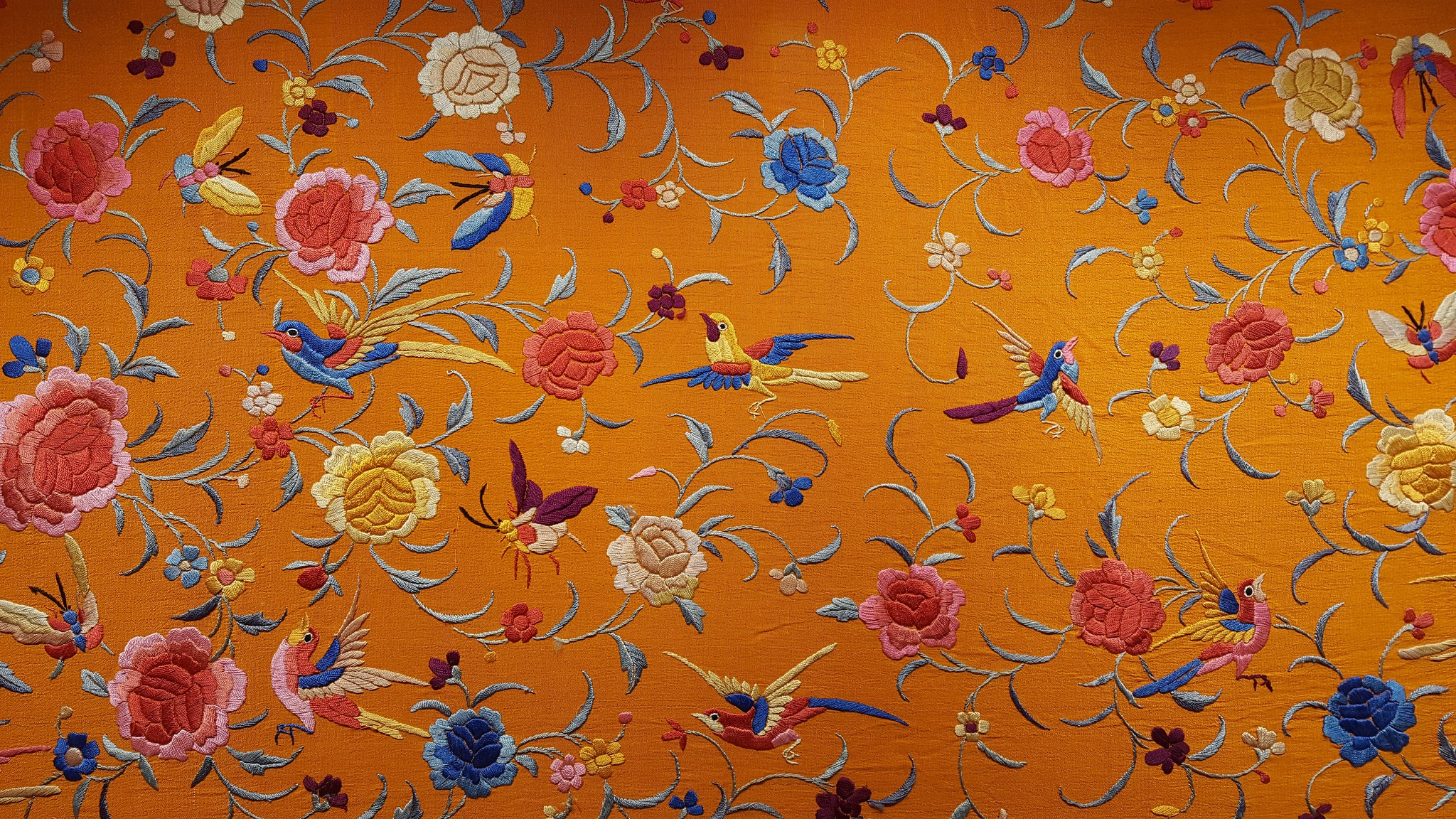 flowers, birds, texture, fabric, silk, embroidery, Chinese silk. 