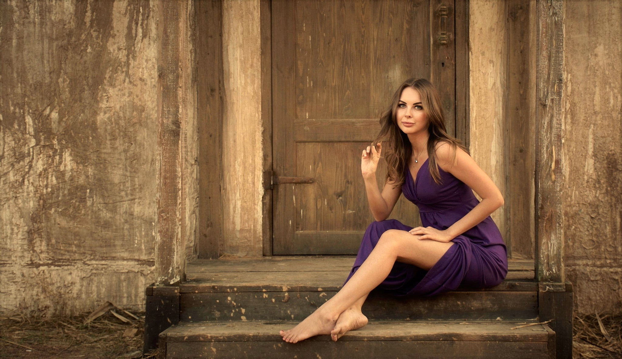 girl, pose, house, makeup, dress, the door, hairstyle, steps, brown hair, l...