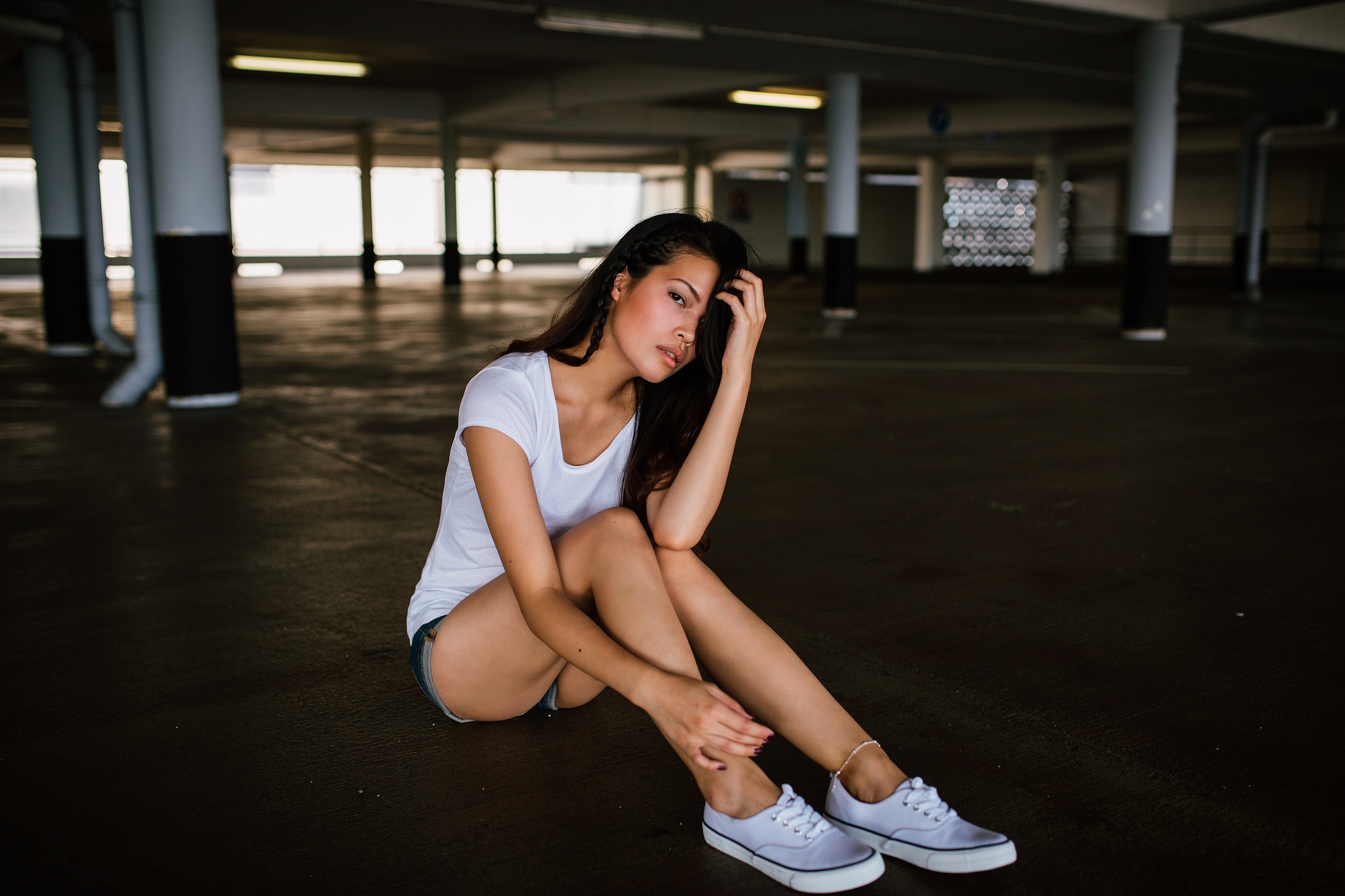 Download wallpaper girl, pose, shorts, sneakers, brunette, sitting, section...
