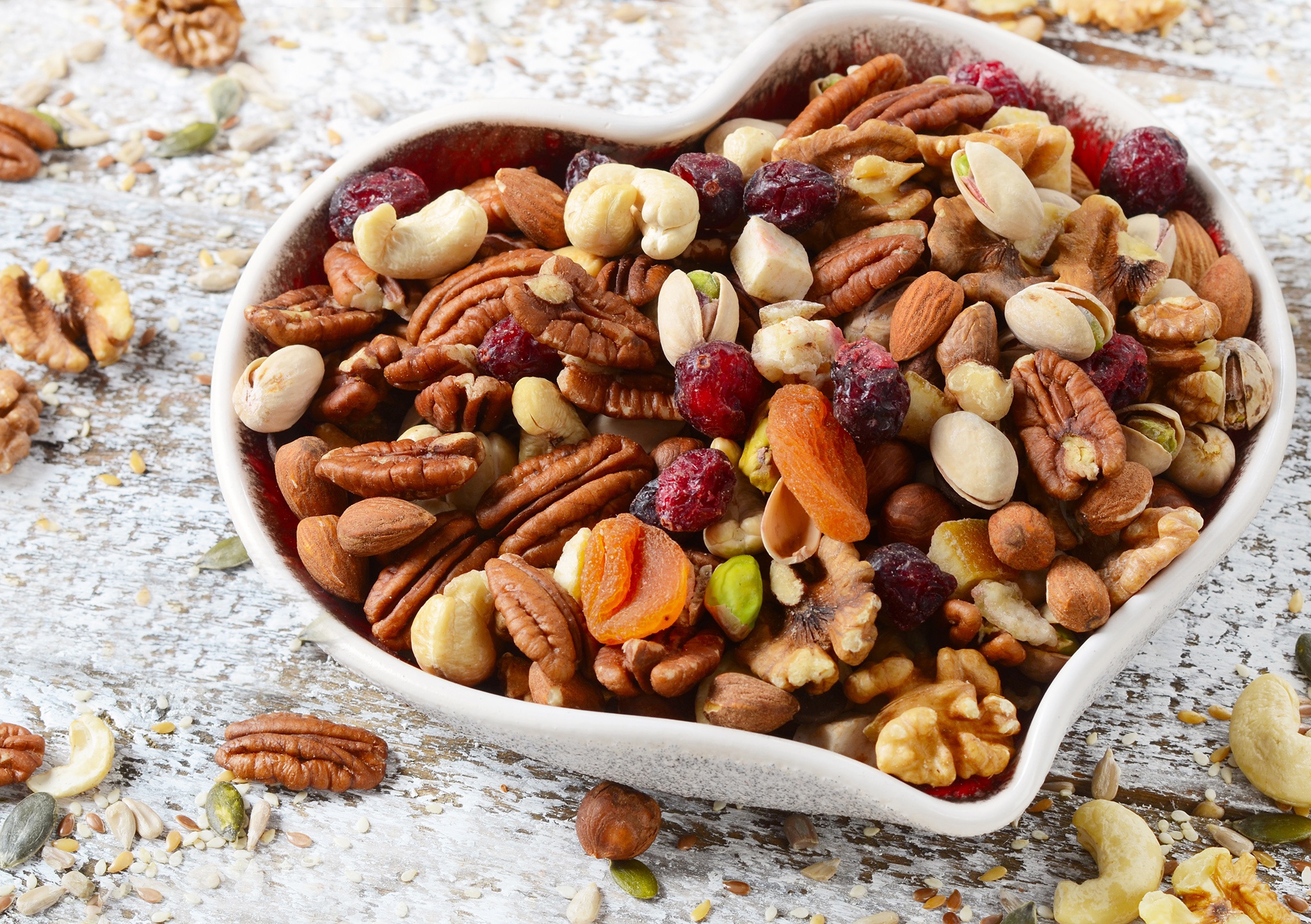 Download wallpaper heart, nuts, raisins, dried fruits, section food in reso...