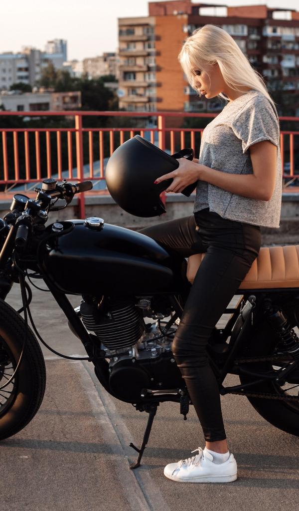 the sun, the city, black, home, blonde, motorcycle, helmet, bike. 