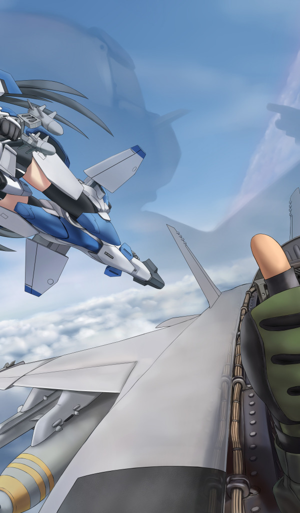 Download wallpaper girl, gun, game, soldier, sky, mecha, aircraft, weapon,  warfare, anime, cloud, airplane, brunette, hero, asian, pilot, section  other in resolution 600x1024