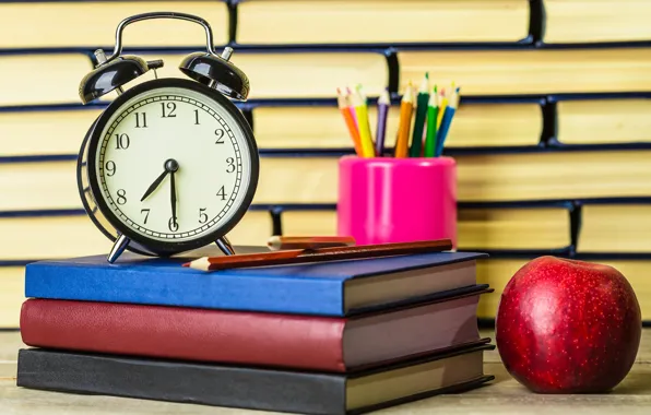 Picture watch, books, Apple, pencils, alarm clock