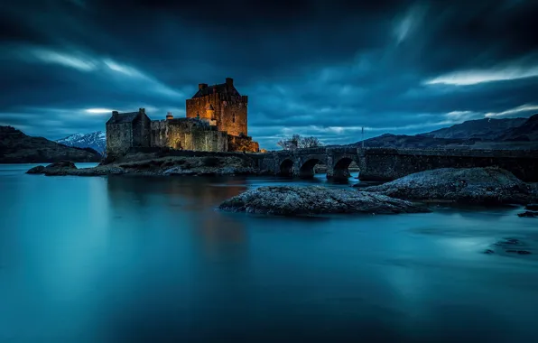 Picture water, night, bridge, castle, Scotland, Scotland, the fjord, Eilean Donan Castle, Loch Duich, The Eilean …