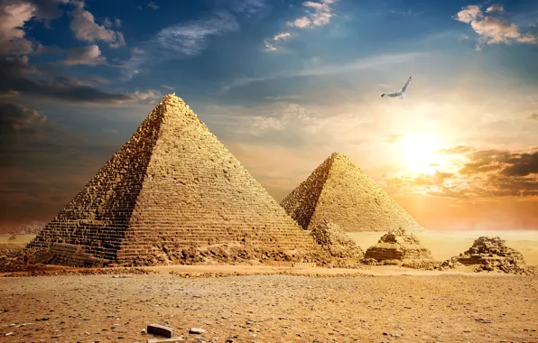 Picture the sky, the sun, clouds, stones, bird, desert, Egypt, pyramid, Cairo