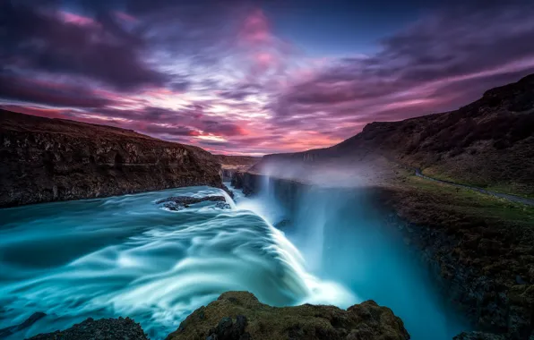Picture the sky, water, clouds, sunset, rocks, waterfall, Iceland, Iceland, Gullfoss, Gullfoss