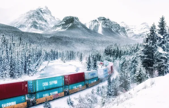 Picture winter, forest, snow, mountains, train, Canada