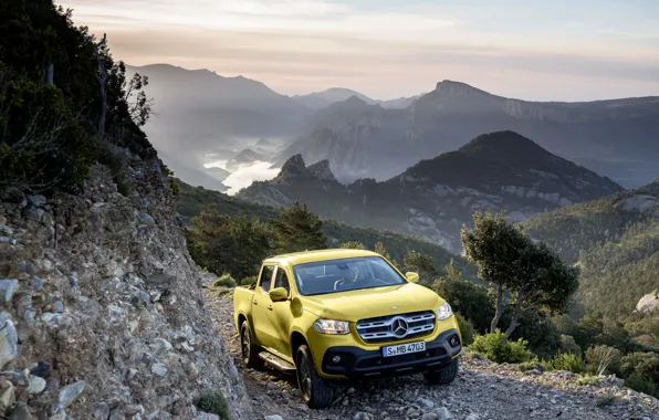 Picture landscape, mountains, stones, yellow, open, vegetation, Mercedes-Benz, valley, pickup, breed, 2017, X-Class