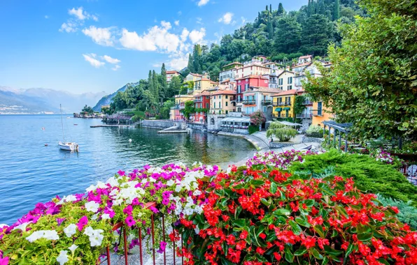 Picture flowers, lake, building, home, yacht, Italy, promenade, Italy, Lombardy, Lombardy, Lake Como, Varenna, Varenna, Lake …