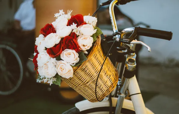 Picture bike, mood, basket, roses, bouquet