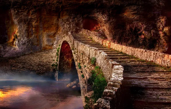 Picture water, landscape, bridge, fog, rock, river, romance, the atmosphere, Greece, masonry, arch, bricks, the bridge, …