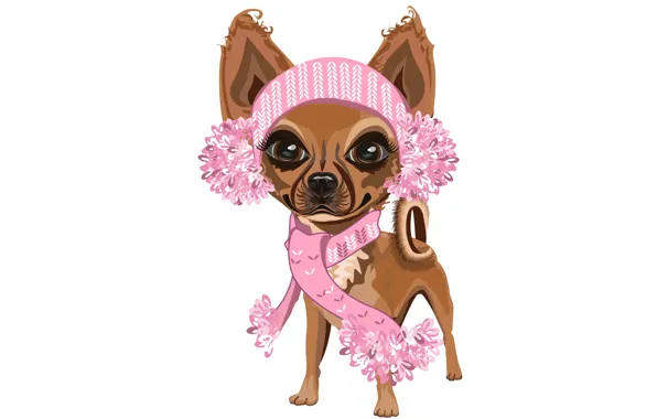 Picture girl, white background, dog, pink scarf