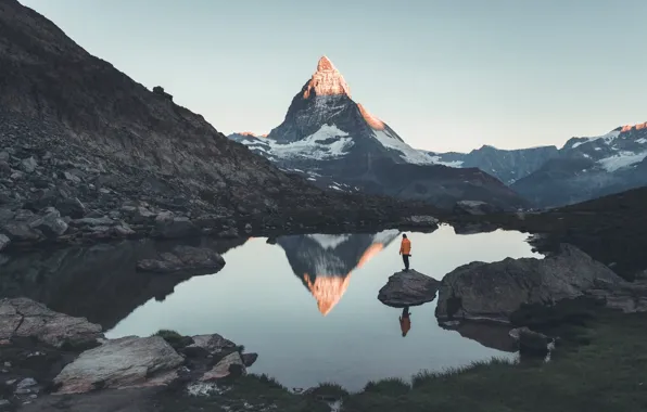 Picture mountains, lake, rocks, people, mountain, Switzerland, top, Matterhorn, The Pennine Alps