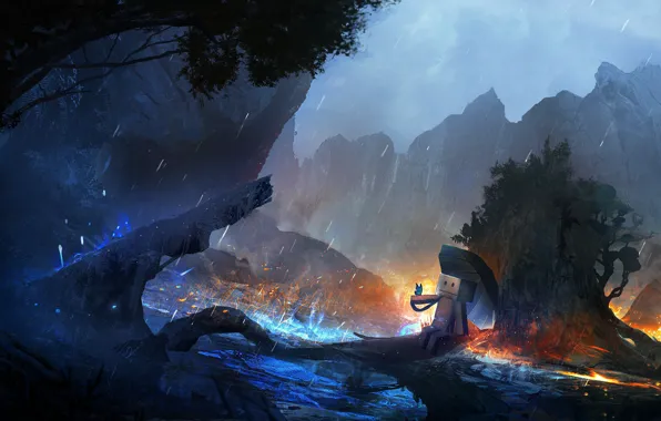 Picture trees, mountains, river, fantasy, rain, butterfly, robot, umbrella, art
