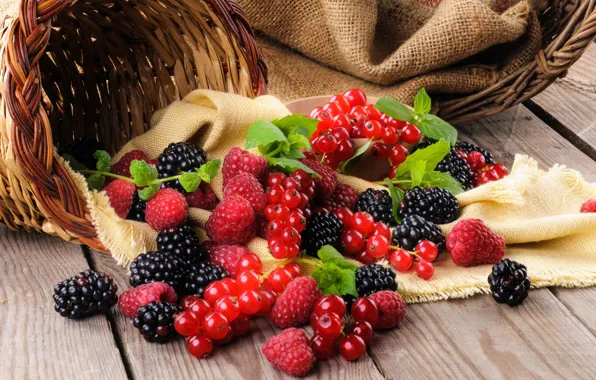 Picture leaves, berries, raspberry, basket, currants, BlackBerry, blackberry, raspberry, currant