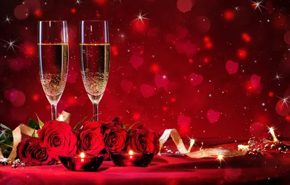 Picture love, flowers, red, roses, glasses, red, love, romantic, bokeh, Valentine's Day, Valentine's Day, romantic