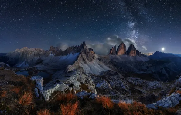 Picture the sky, stars, clouds, night, the milky way, The Dolomites