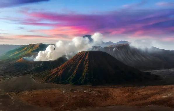 Picture clouds, mountains, smoke, the volcano, Indonesia, Bromo, Java, tectonic complex TenGer