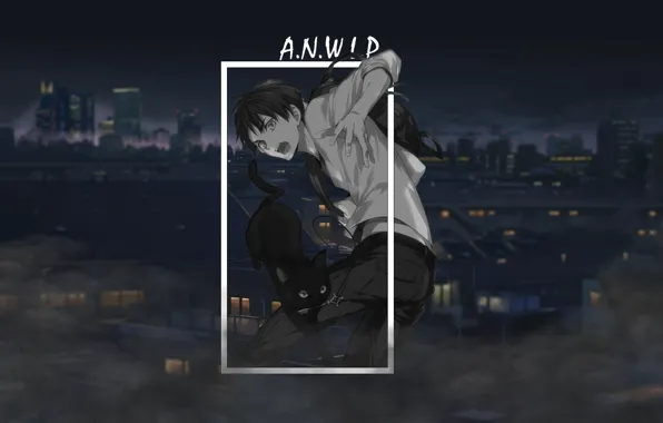 Picture cat, night, the city, smoke, anime, guy, black and white, kid