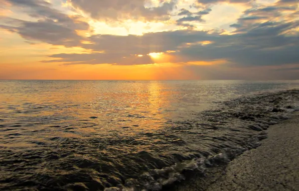 Picture Sunset, The sun, Clouds, Sea, Beach, Russia, The black sea