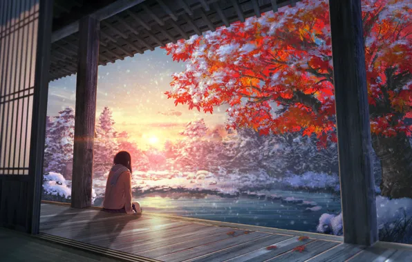 Picture autumn, girl, tree, anime, art