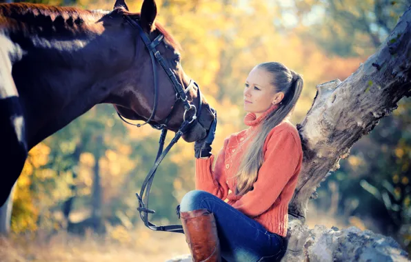 Picture autumn, girl, the sun, tree, horse, jeans, boots, hairstyle, blonde, gloves, sweater, bokeh