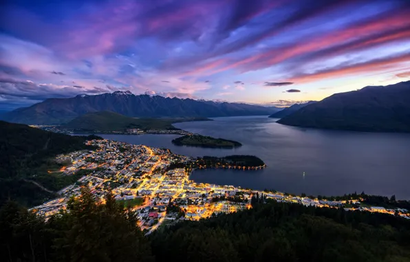 Picture light, mountains, the city, lights, New Zealand, Queenstown