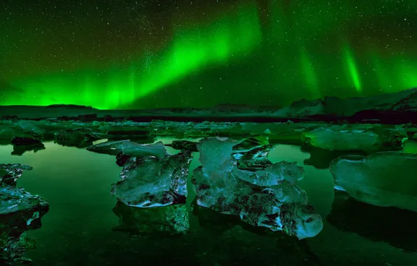 Picture ice, stars, night, Northern lights, Iceland, the glacial lagoon of Jökulsárlón
