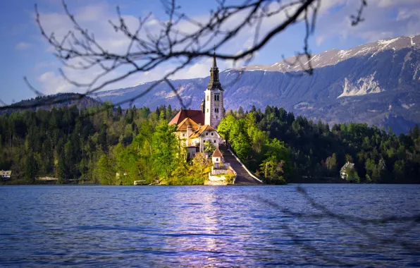 Picture mountains, lake, island, Church, Slovenia, Lake Bled, Slovenia, Lake bled, Bled, Assumption of Mary Pilgrimage …