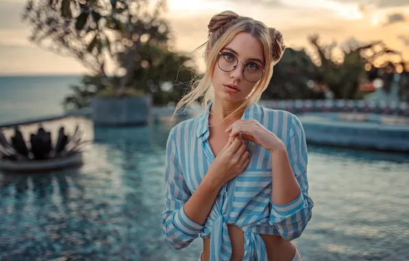 Picture sea, look, the sun, landscape, sexy, pose, model, portrait, pool, makeup, horizon, glasses, hairstyle, blonde, …