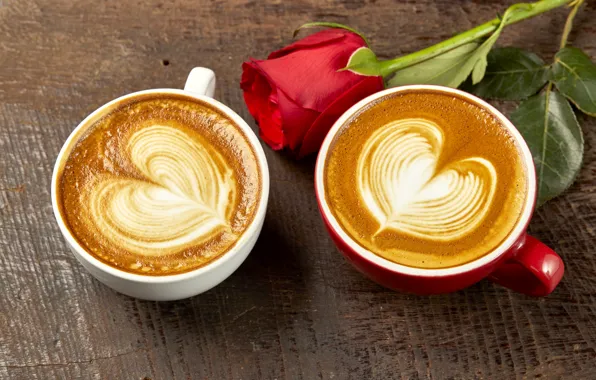 Picture love, heart, coffee, roses, Bud, Cup, red, love, rose, red rose, cappuccino, heart, wood, cup, …