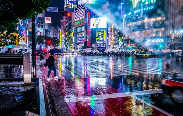Picture wet, light, the city, lights, people, rain, street, umbrella, Japan, umbrellas, bokeh