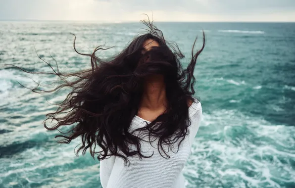 Picture sea, girl, the wind, hair