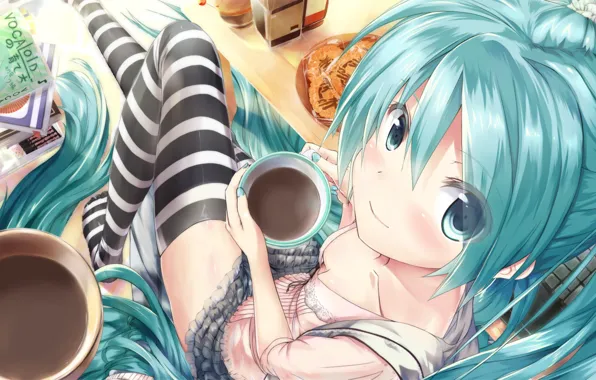 Picture books, vocaloid, sitting, Hatsune Miku, long hair, Vocaloid, art, cookies, looking up, striped stockings, a …