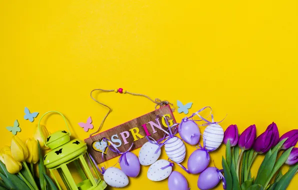 Picture flowers, eggs, spring, yellow, colorful, Easter, tulips, flowers, tulips, spring, Easter, purple, eggs, decoration, Happy