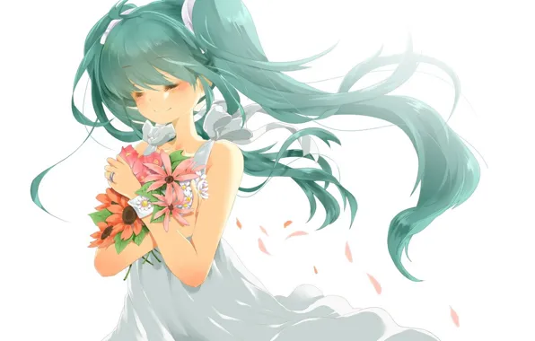 Picture bouquet, white background, vocaloid, hatsune miku, white dress, long hair, wildflowers, ring, closed eyes, Hatsune …
