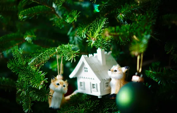 Picture light, holiday, toys, new year, ball, Christmas, house, tree, cubs