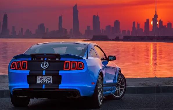Picture water, sunset, city, the city, mustang, ford, shelby, water, gt500, skyscrapers