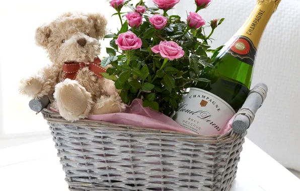 Picture flowers, basket, bottle, roses, bouquet, bear, champagne, plush