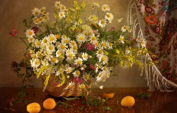 Picture basket, chamomile, apricot, shawl