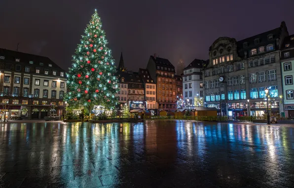 Picture winter, night, holiday, France, tree, home, area, New year, decoration, garland, Strasbourg