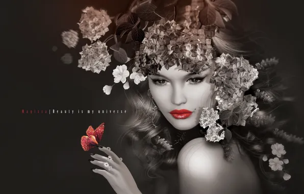 Picture girl, flowers, lips, wreath
