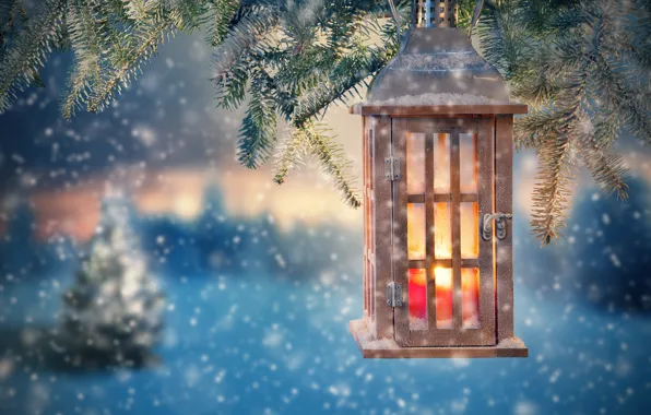 Picture snow, decoration, tree, New Year, Christmas, lantern, Christmas, snow, Merry Christmas, Xmas, decoration, candle, lantern, …