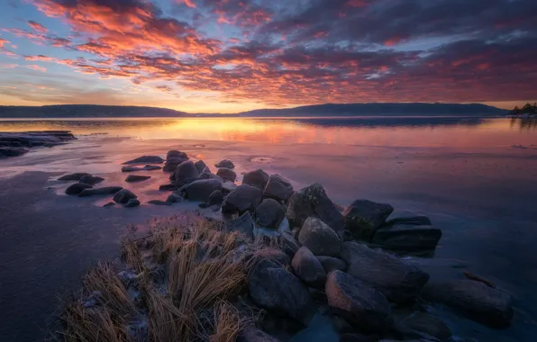Picture lake, sunrise, stones, dawn, morning, Norway, Norway, lake Tyrifjord, Lake Tyri, Tyrifjorden