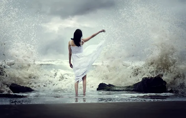 Picture sea, wave, girl, squirt, mood, dress