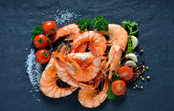 Picture greens, pepper, tomato, shrimp, seafood, salt