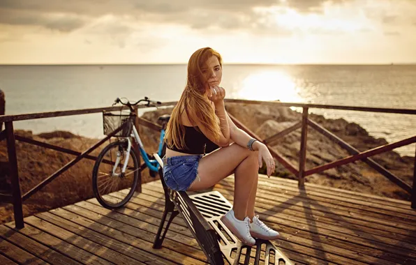 Picture sea, the sky, girl, the sun, landscape, bench, bike, pose, rocks, coast, shorts, makeup, horizon, …